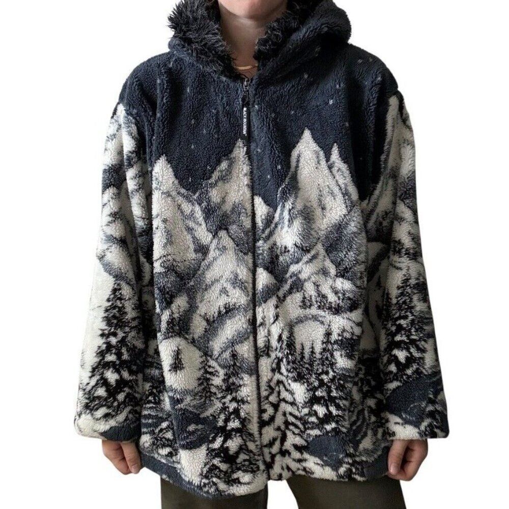Vintage Black Mountain Winter Cabin Christmad Scene Ski Deep Pile Fleece Jacket - Picture 3 of 7